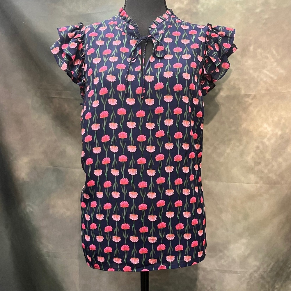 J. Crew‎ Navy Floral Ruffle Mock Neck Tie Neck Flutter Sleeve Top Size XL